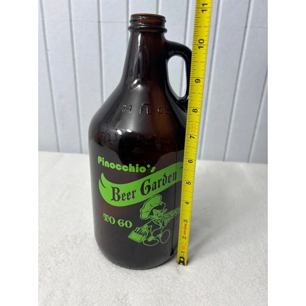 Pinocchios Beer Garden 64oz Amber Glass Growler Media PA Vintage Beer‎ Jug Pizza